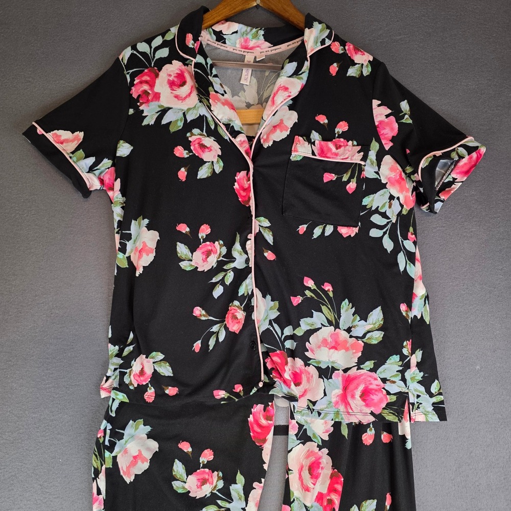 Joyspun Pajama Set Womens L Black Pink Floral Button Down Short Sleeve Wide Leg